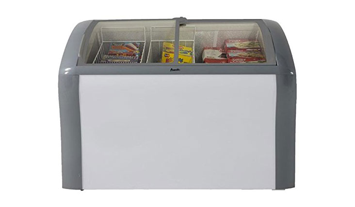 Avanti CFC83Q0WG 41" Commercial Convertible Freezer/Refrigerator with 9.3 cu. ft. Capacity, Glass Top Display, 2 Removable Storage Baskets, Adjustable Thermostat, Lock, and Rollers: White