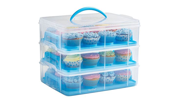 VonShef Snap and Stack Blue 3 Tier Cupcake Holder & Cake Carrier Container - Store up to 36 Cupcakes or 3 Large Cakes