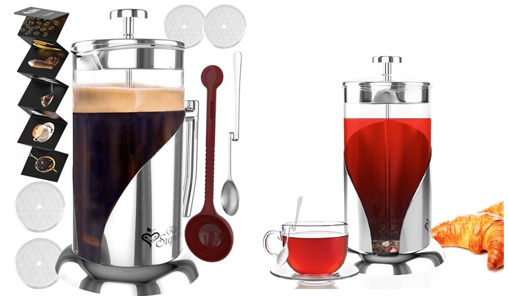 French Press Coffee & Tea Maker Complete Bundle | 34 oz | No Unsafe Plastic Lid Best Coffee Pot with Stainless Steel & Double German Glass