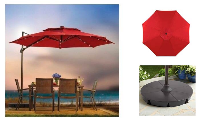 Outdoor Patio Cantilever Umbrella 11 Foot Round Canopy With Solor Powered Lights Includes Base And Storage Cover (Salsa)