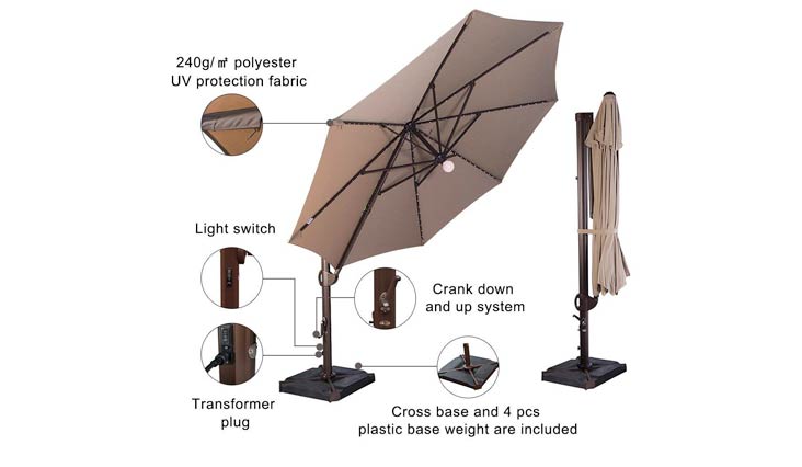 SORARA 11-1/2 Feet Offset Cantilever Umbrella Round Outdoor Patio Hanging Umbrella with Center Light, Cross Base & 4 pcs Base Weight and Umbrella Cover, Beige