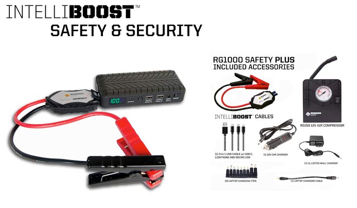 Rugged Geek RG1000 Safety Plus 1000A Portable Car Jump Starter, Battery Booster Pack and USB/Laptop Power Supply with LCD Display, INTELLIBOOST Smart Cables, LED Flashlight, and 12V AIR COMPRESSOR!