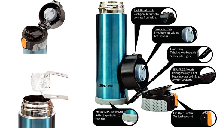 BlinkOne Travel Mug: Stainless Steel Leak Proof Vacuum Water Beverage Bottle with Flip-on Lip