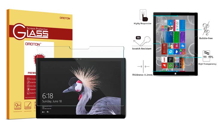 New Surface Pro 2017/Surface Pro 4 Screen Protector - OMOTON [High Responsivity] [Scratch Resistant] [Bubble Free] [High Definition] Tempered Glass Screen Protector